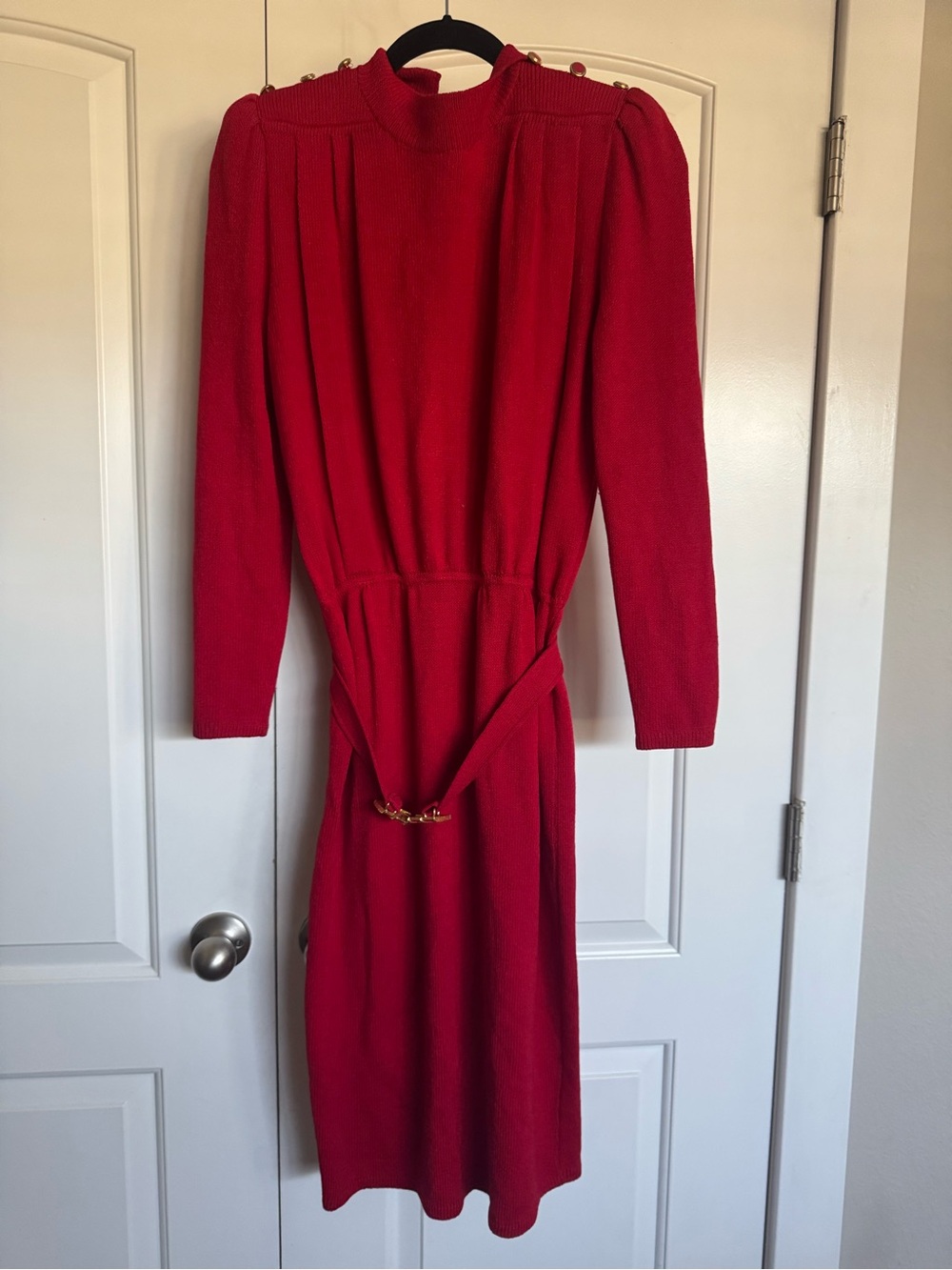 Vintage 80s St. John Red Long-Sleeve Knit Belted Midi Dress size 8